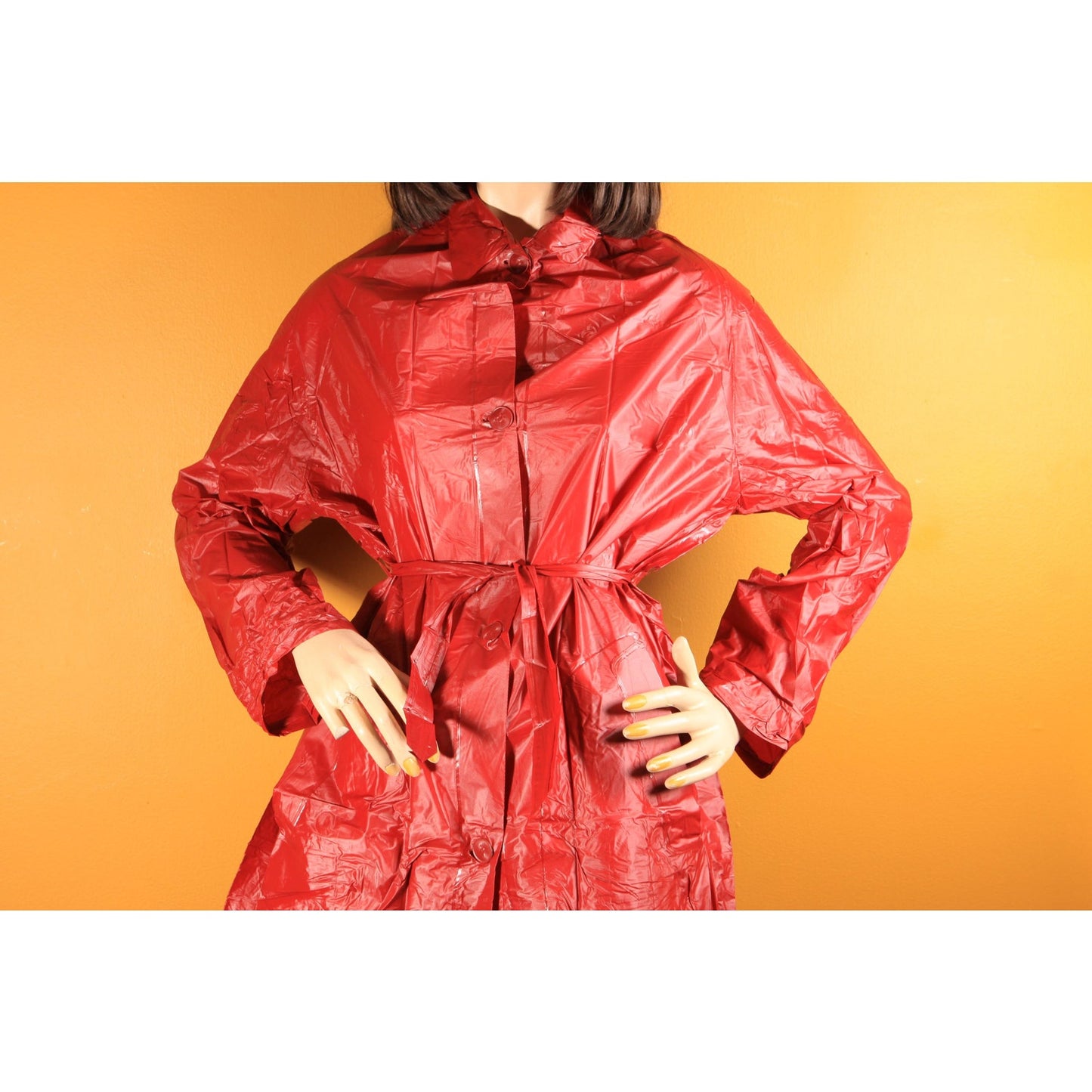 Deadstock Late 1970s Early 1980s Dark Red Vinyl Detachable Hood Raincoat by Aqua Queen