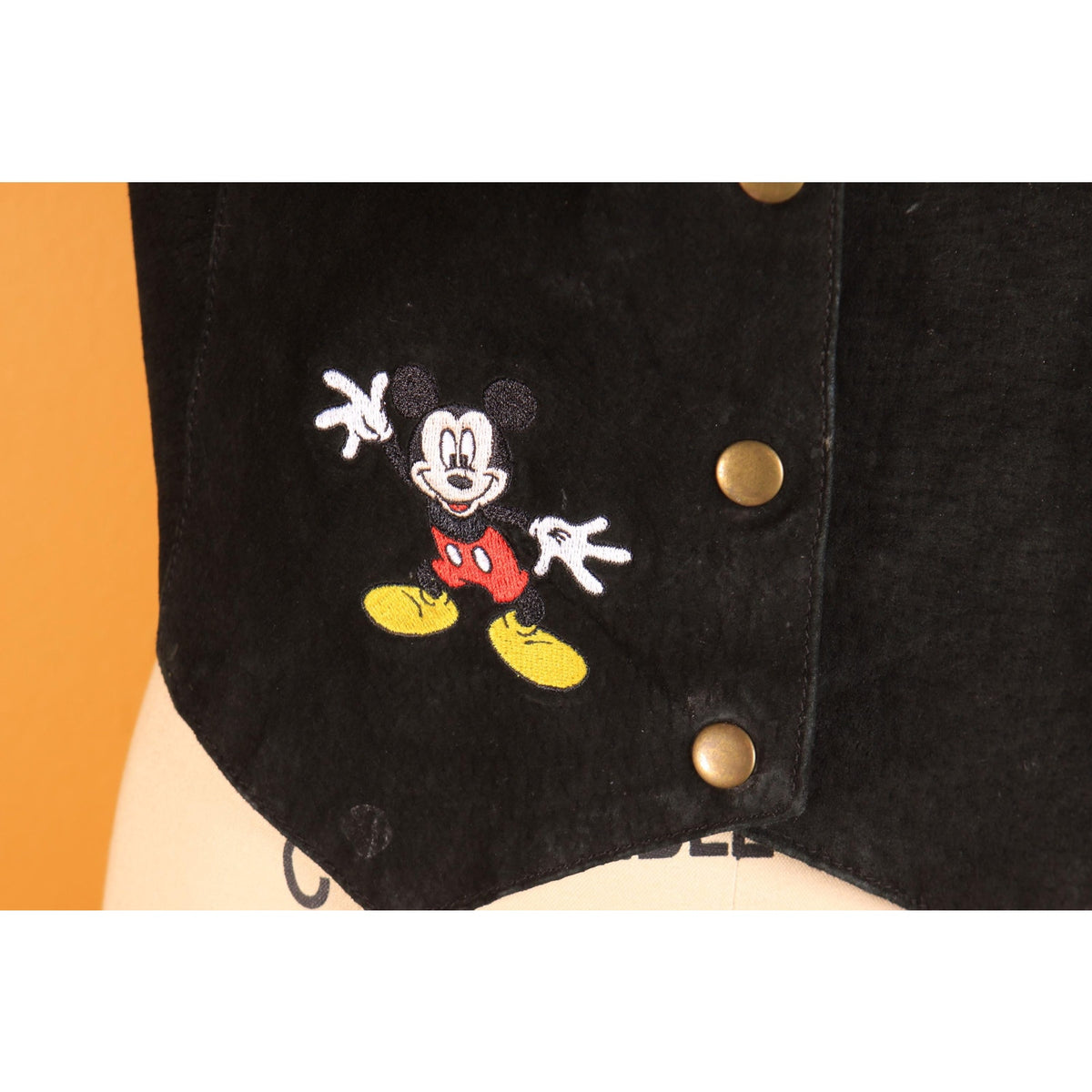 1980s 1990s Black Suede Leather Embroidered Mickey Mouse Vest by Mickey Unlimited -S/M