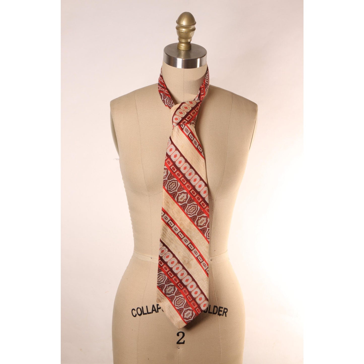 1970s Cream, Orange and Brown Striped Wide Necktie Tie by Valeur Dor
