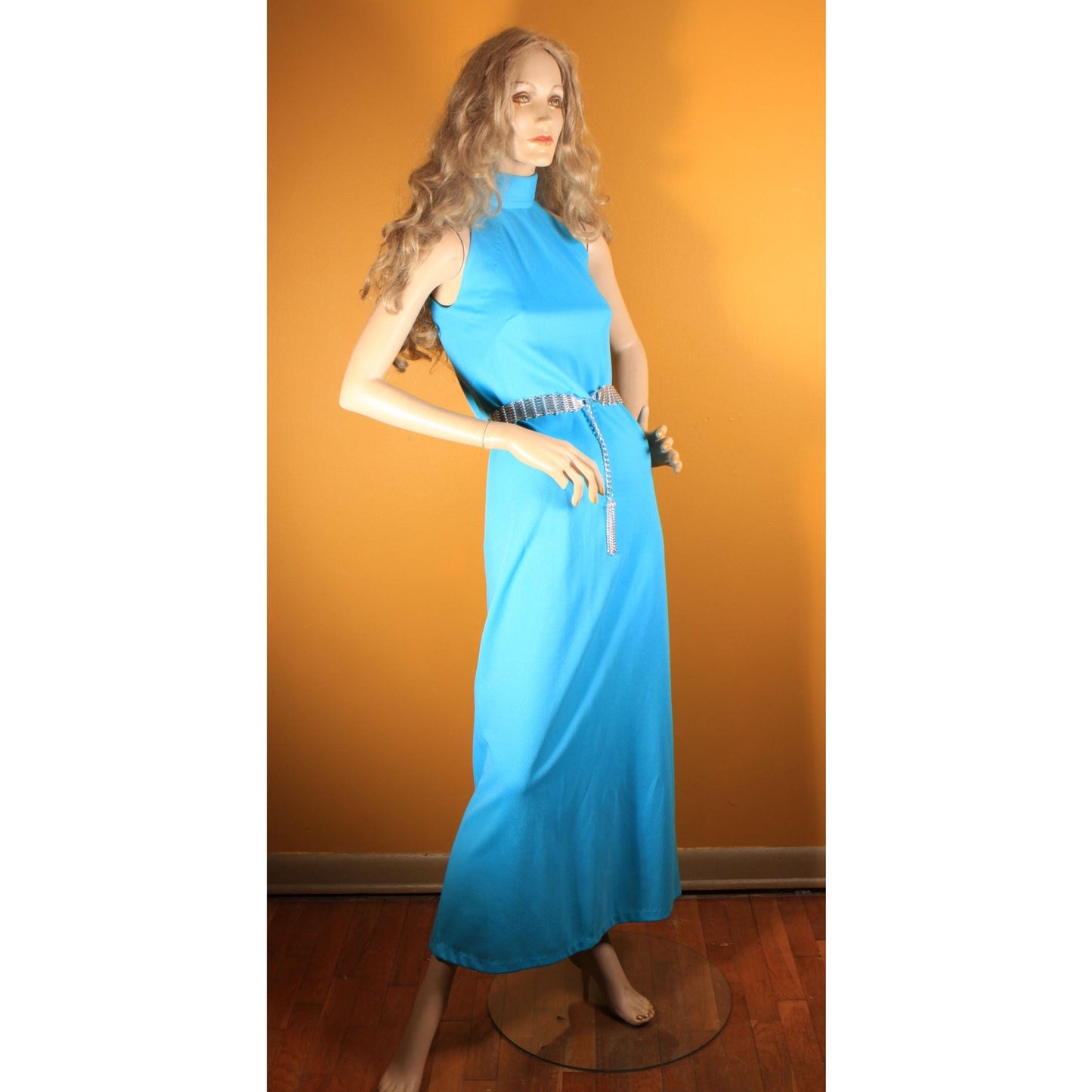 1970s Turquoise Blue Sleeveless High Collar Full Length Silver Tone Metal Belted Chain Belt Dress -S