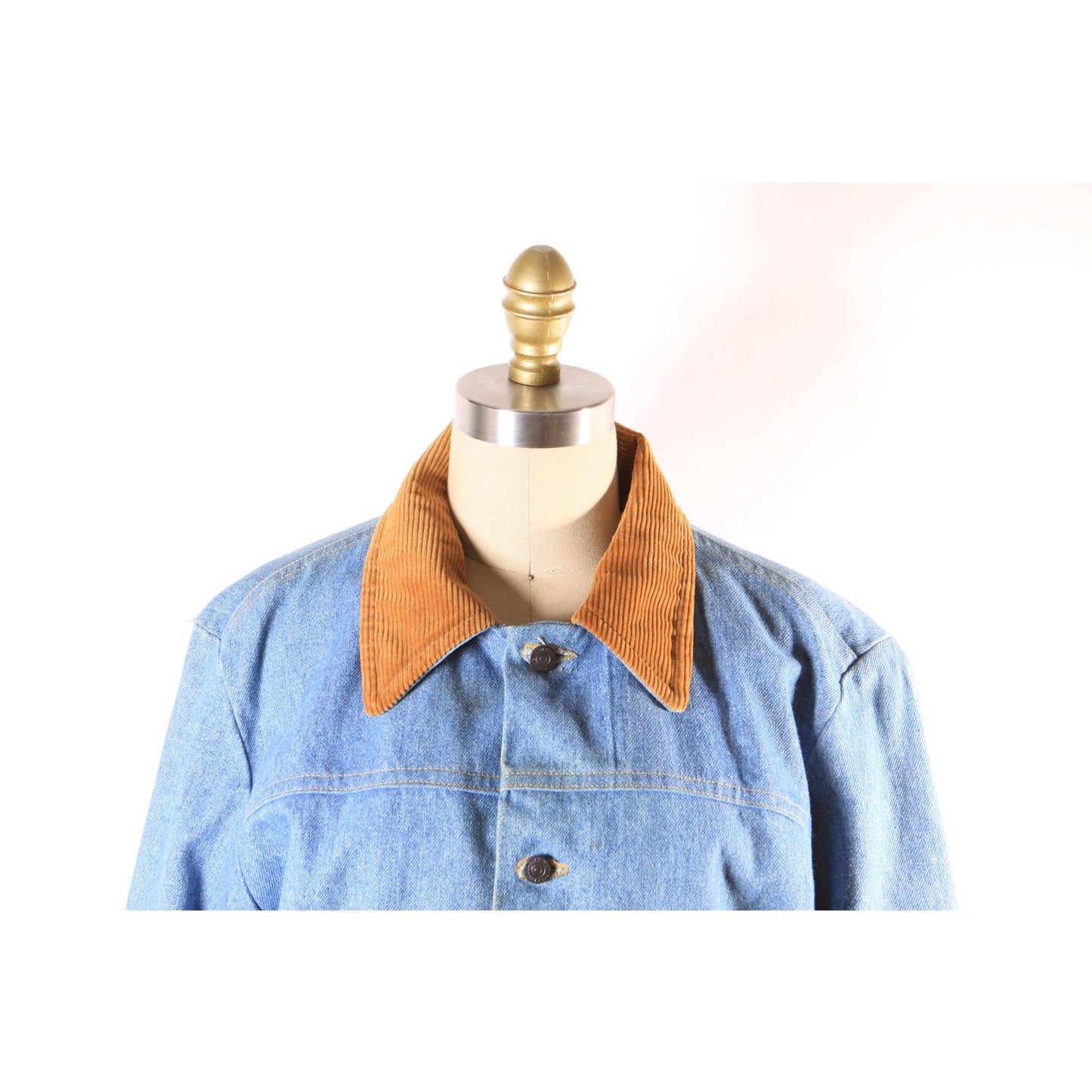 1970s Blue Denim Metal Snap Corduroy Trim Faux Fur Lined Western Work Wear Western Chore Coat by Wrangler -L