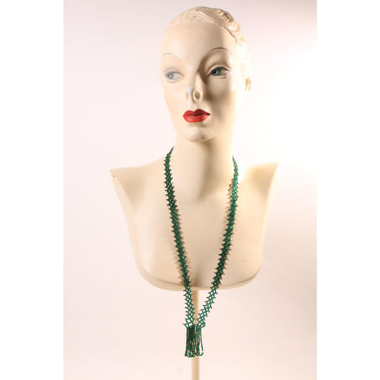 1920s Dark Green Glass Beaded Tassel Fringe Flapper Necklace