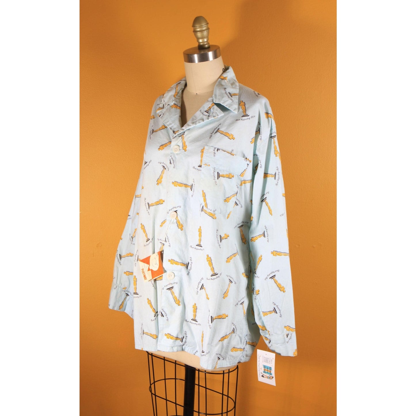 Deadstock 1950s Novelty Blue, Gold and Black Best Supporting Role Oscar Mens Pajama Top by Pleetway -XL