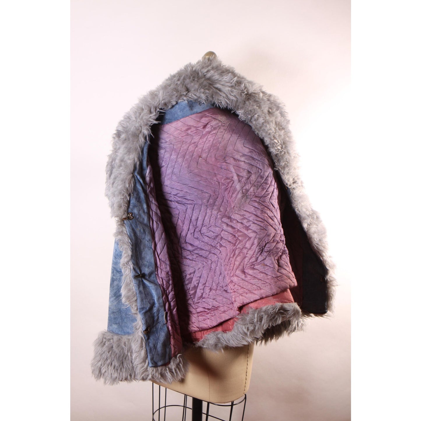1970s Blue, Brown and Tan Velveteen Striped Faux Fur Trim Waist Length Penny Lane Coat