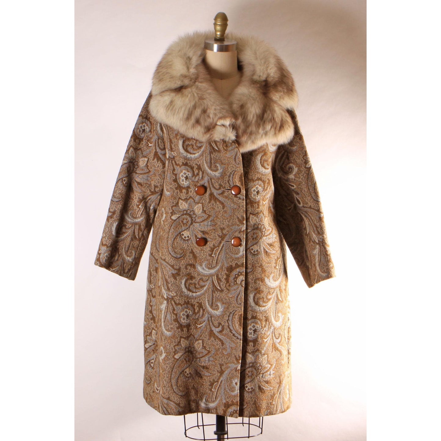 1960s Brown and Blue Gray Swirl Paisley Tapestry Fox Fur Collar Carpet Coat