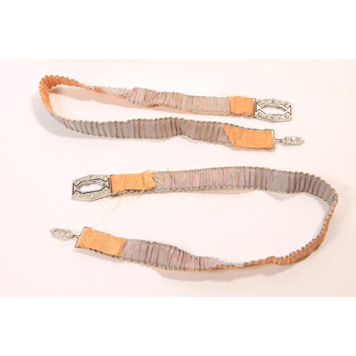 Deadstock Antique 1920s Cream, Blue and Pink Ruffle Set of 2 Garters with Pink and Blue Marcasite Garter Belt Straps and Lingerie Clasps