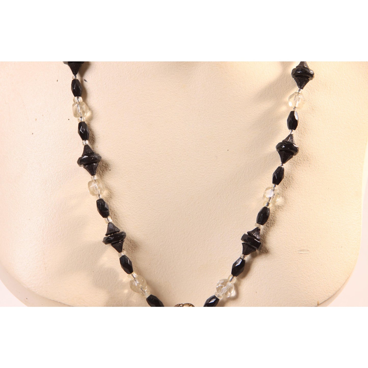 1940s 1950s Black and Clear Glass Faceted Beaded Necklace