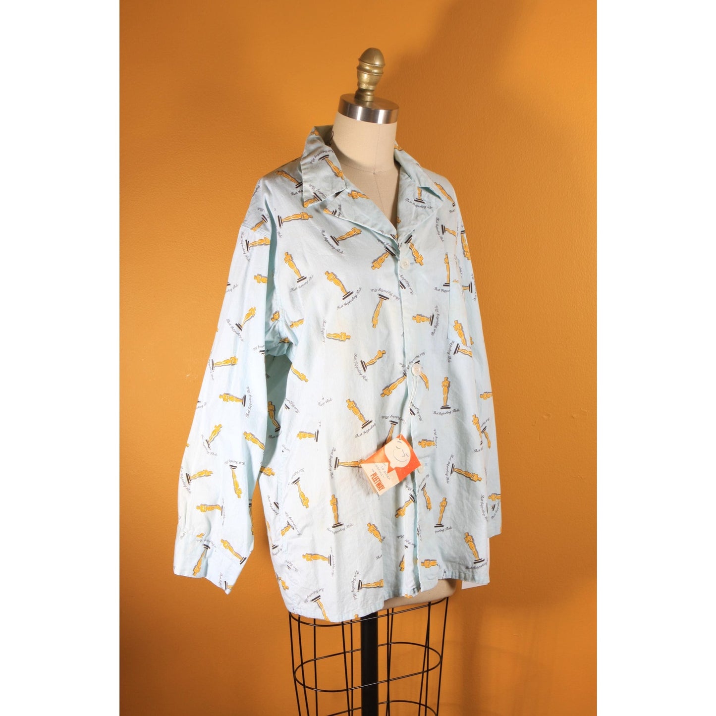 Deadstock 1950s Novelty Blue, Gold and Black Best Supporting Role Oscar Mens Pajama Top by Pleetway -XL