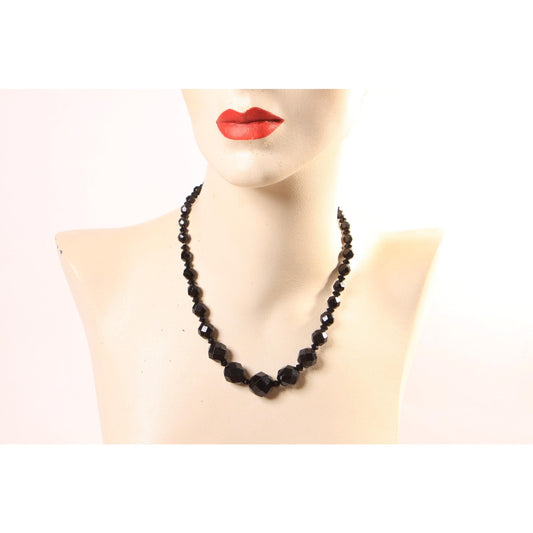 1950s 1960s Black Glass Faceted Beaded Graduated Necklace