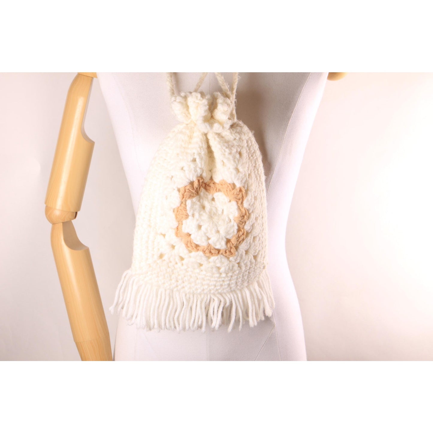 1970s White and Tan Granny Square Crochet Drawstring Fringe Purse Bag