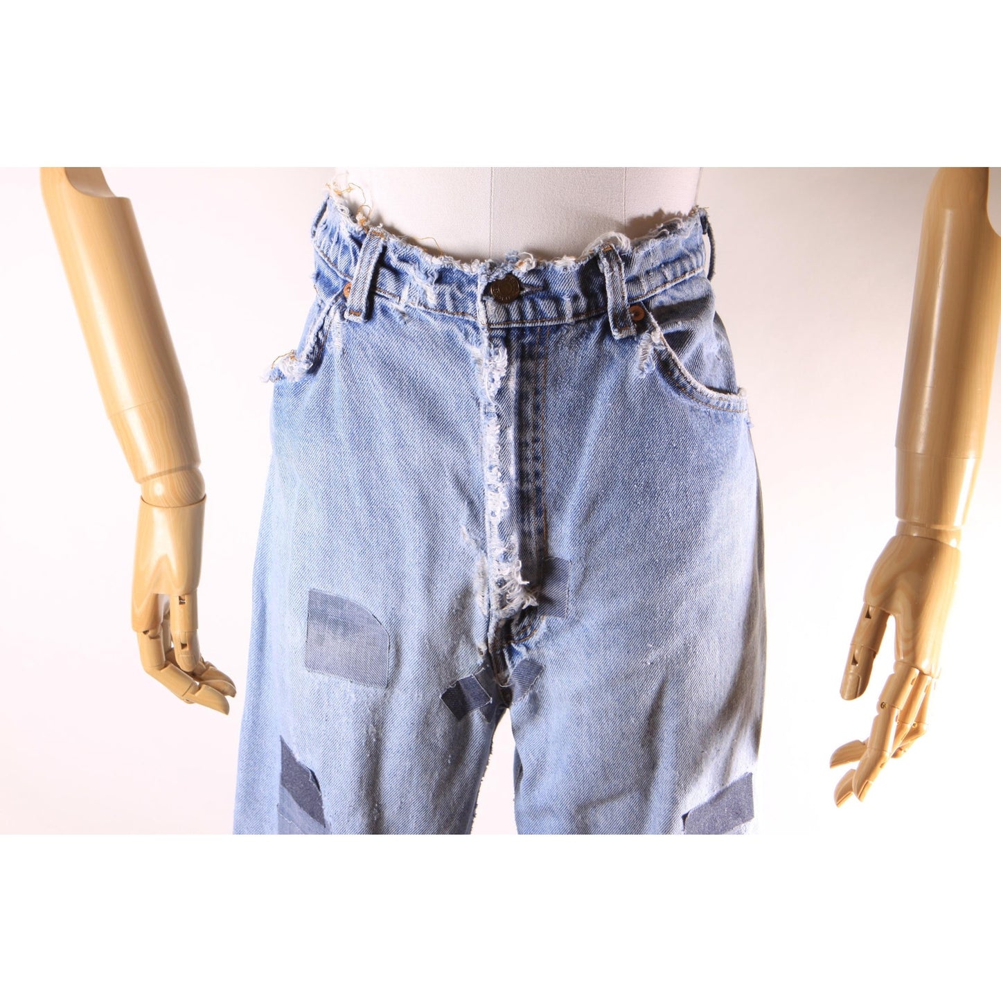 1980s Distressed Patch Fraying Blue Denim Orange Tab 517 Jeans by Levi's -38x30