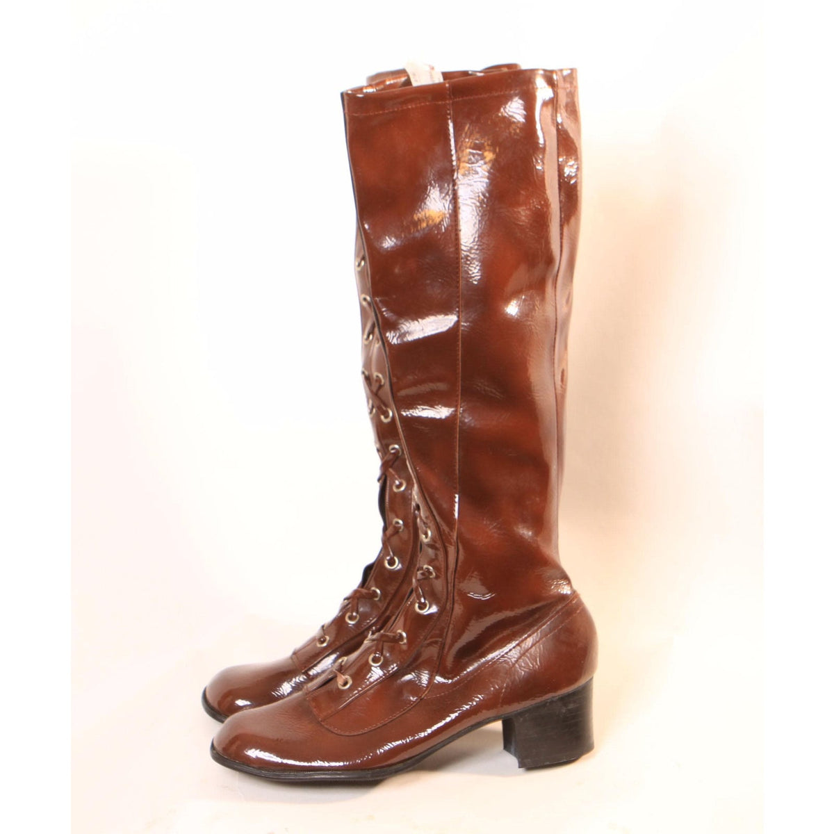 Deadstock 1960s Brown Vinyl Criss Cross Lace Up Zippered Go Go Boots -Made in Japan -Size 5 and Size 6