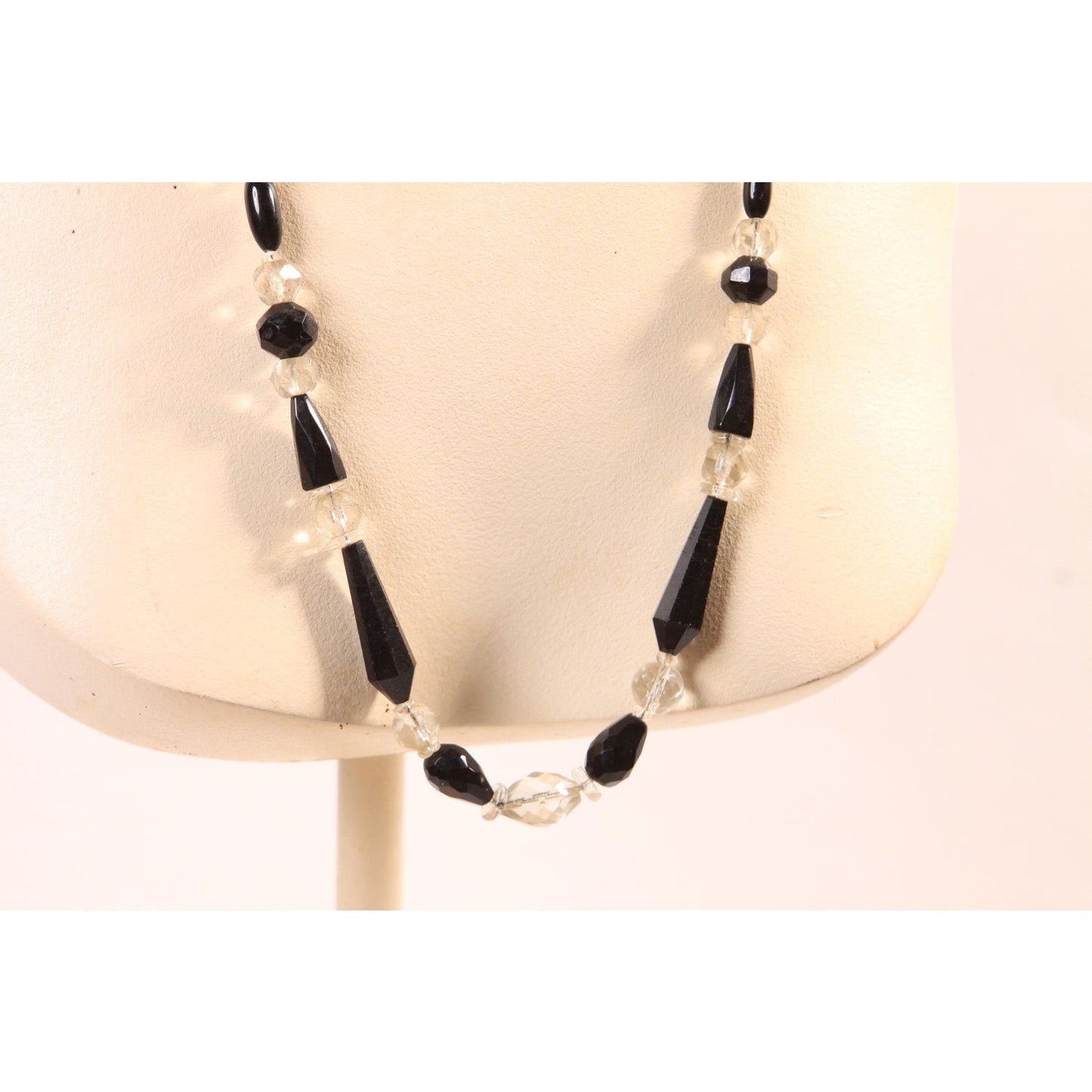 1950s Black and Clear Glass Faceted Oval and Round Beaded Necklace