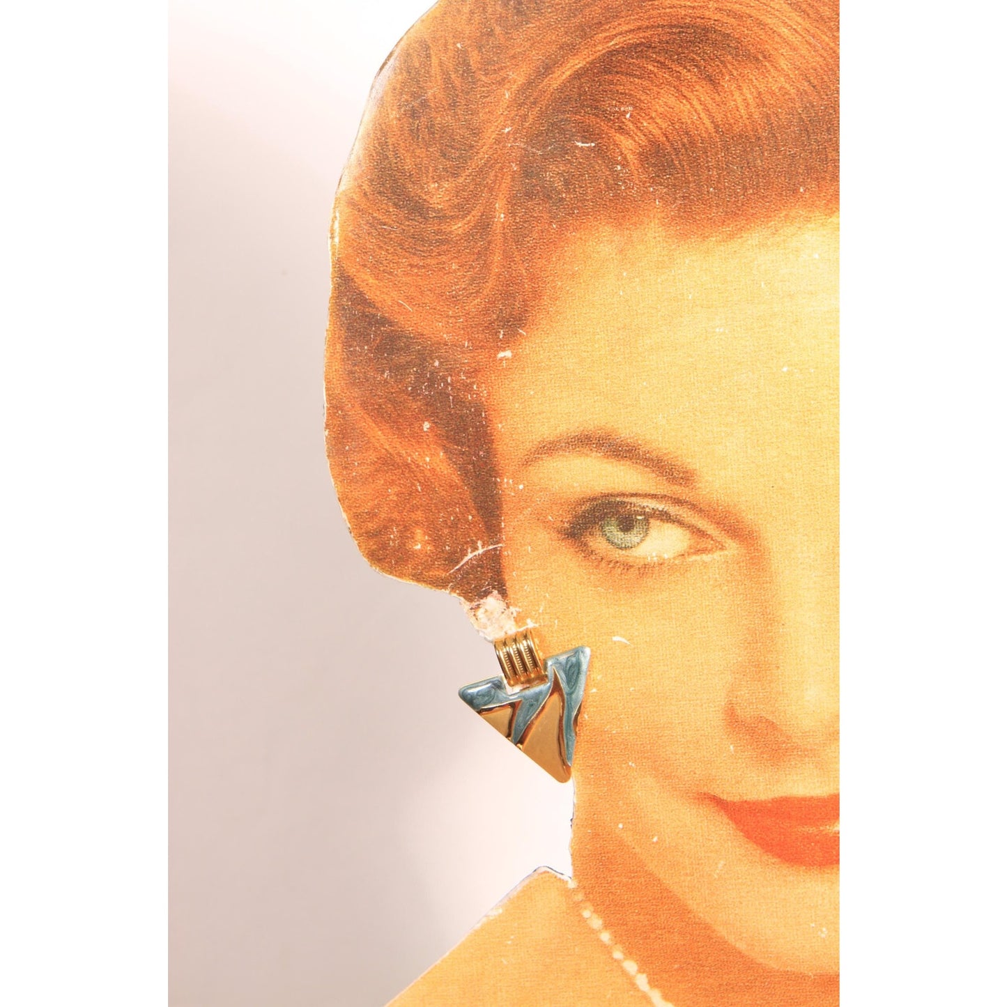 1980s Gold Tone Metal and Blue Triangle Geometric Pierced Earrings