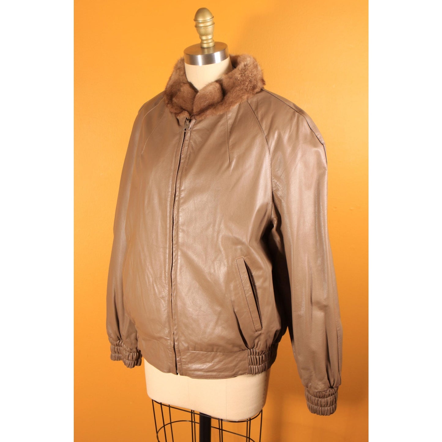 1980s Brown Mink Fur and Tan Leather Reversible Bomber Jacket Coat -M-L