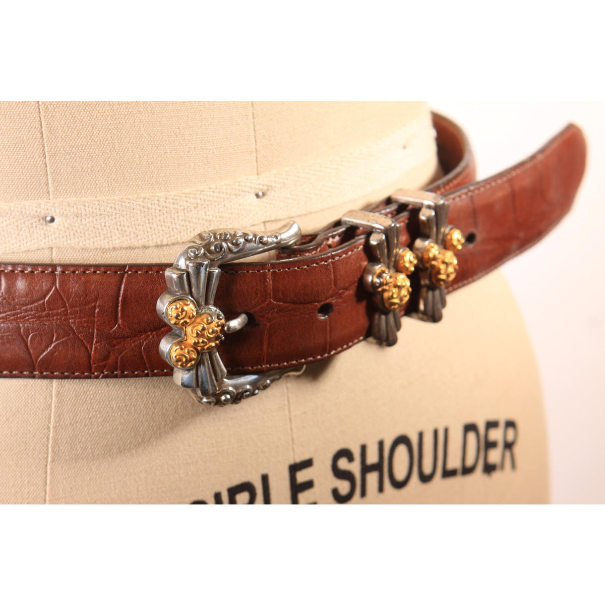 1990s Brown Leather Reptile Pattern Silver and Gold Tone Metal Novelty Mickey Mouse Disney Belt by Brighton and Disney