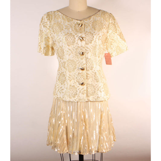 Dead Stock 1980s Gold Metallic Floral Flower Lace Button Down Blouse with Matching Striped Skirt Suit Outfit by Honeybee -XS