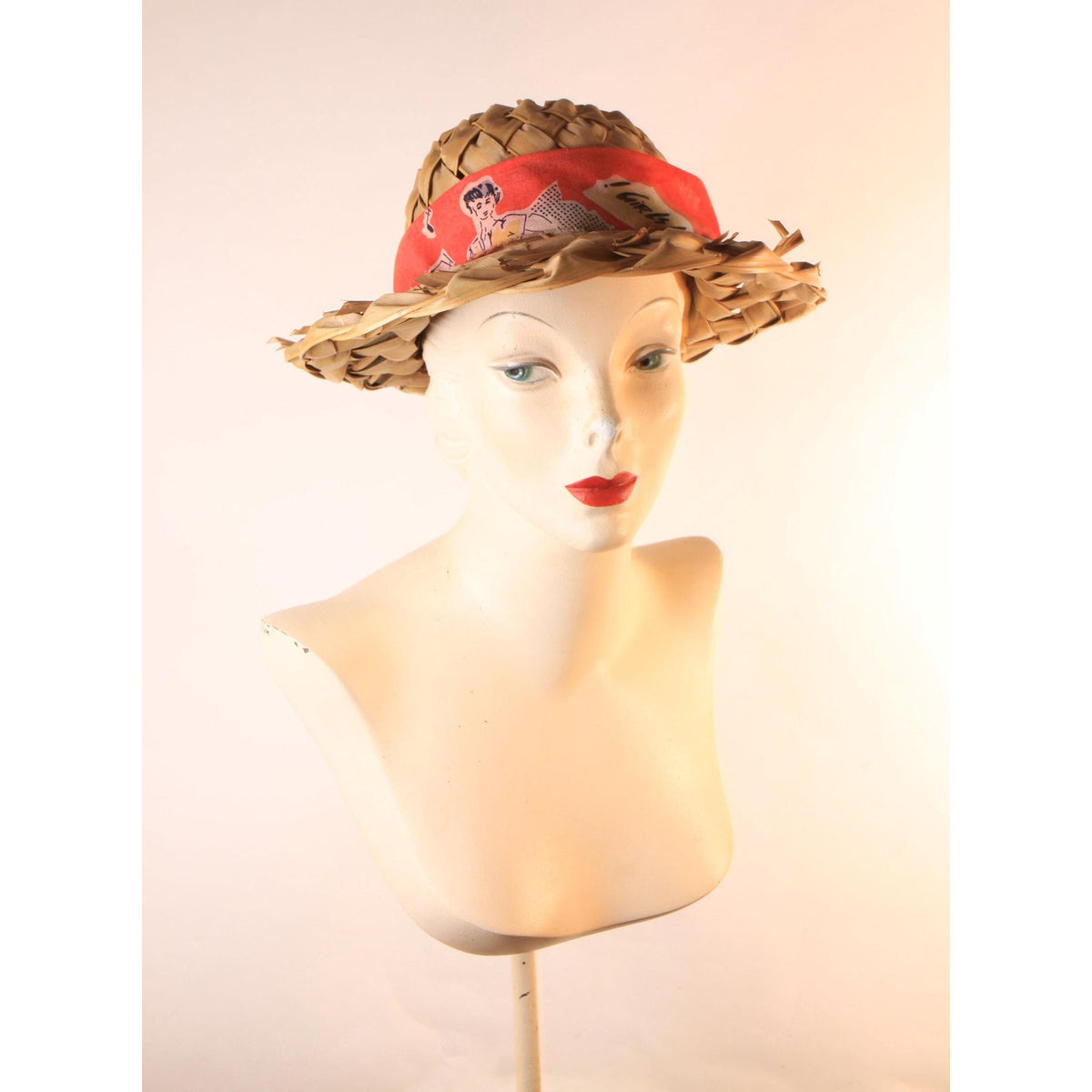1950s Straw Wicker Woven Novelty Girls Woman Fabric Headband Sun Hat