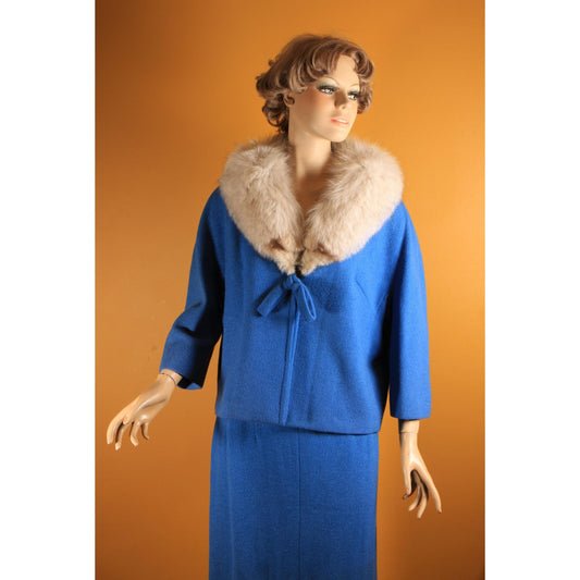 Early 1960s Blue Bracelet Sleeve Fox Fur Collar Jacket with Matching Pencil Skirt Suit Two Piece Outfit by Lilli Ann -1XL