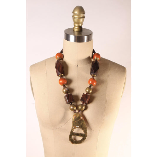 Late 1970s Wood andCopper Brass Abstract Boho Chunky Oversized Pendant Necklace