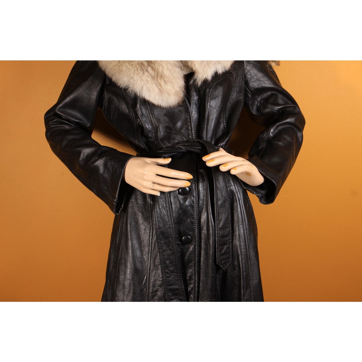 1970s Black Leather Long Sleeve Fox Fur Collar Trench Coat by Imperial -M-L