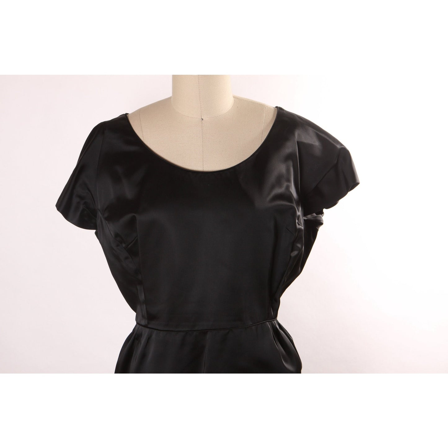 1960s Black Satin Short Sleeve Full Length Dress -XL