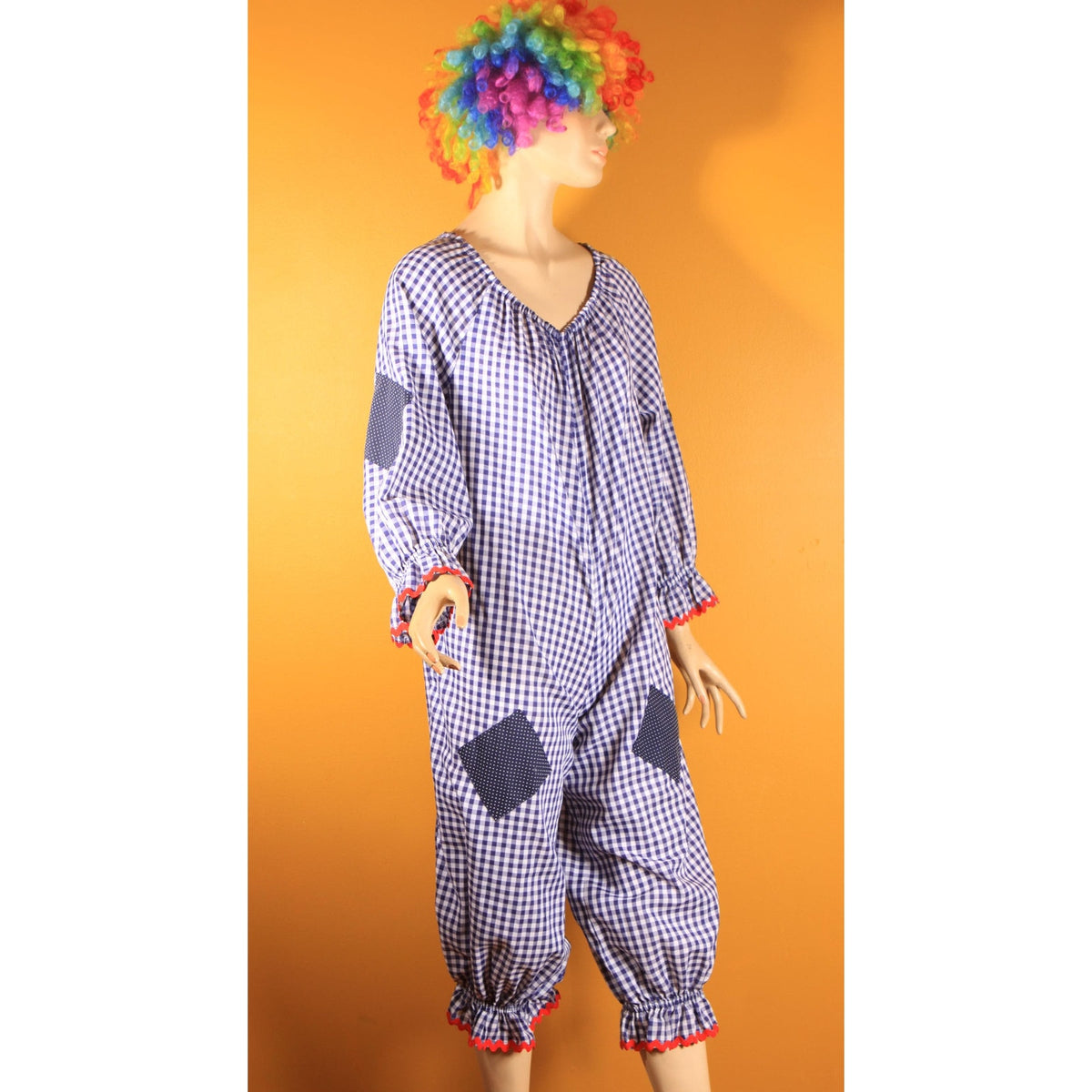 1960s 1970s Blue, White and Red Ric Rac Trim Patchwork Polka Dot One Piece Childs or Preteen Clown Costume