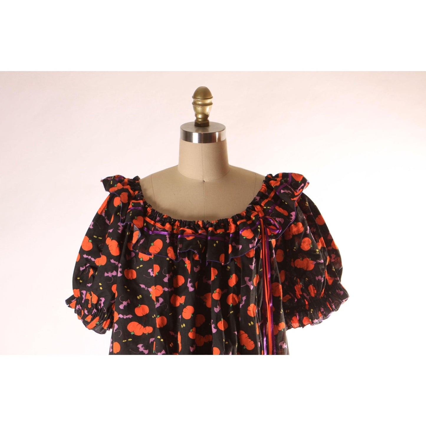 1980s Novelty Halloween Pumpkins and Bats Black, Orange and Purple Short Sleeve Square Dance Blouse