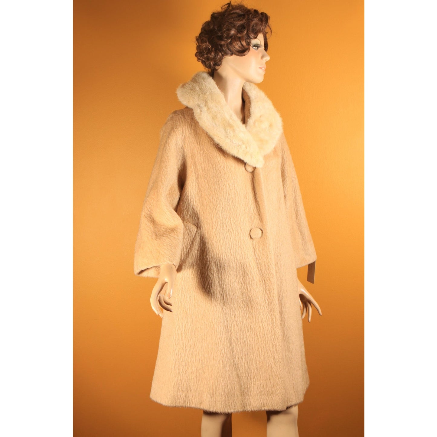 1950s Tan and Cream Bracelet Sleeve Mink Fur Collar Swing Coat by Lilli Ann -M-XL