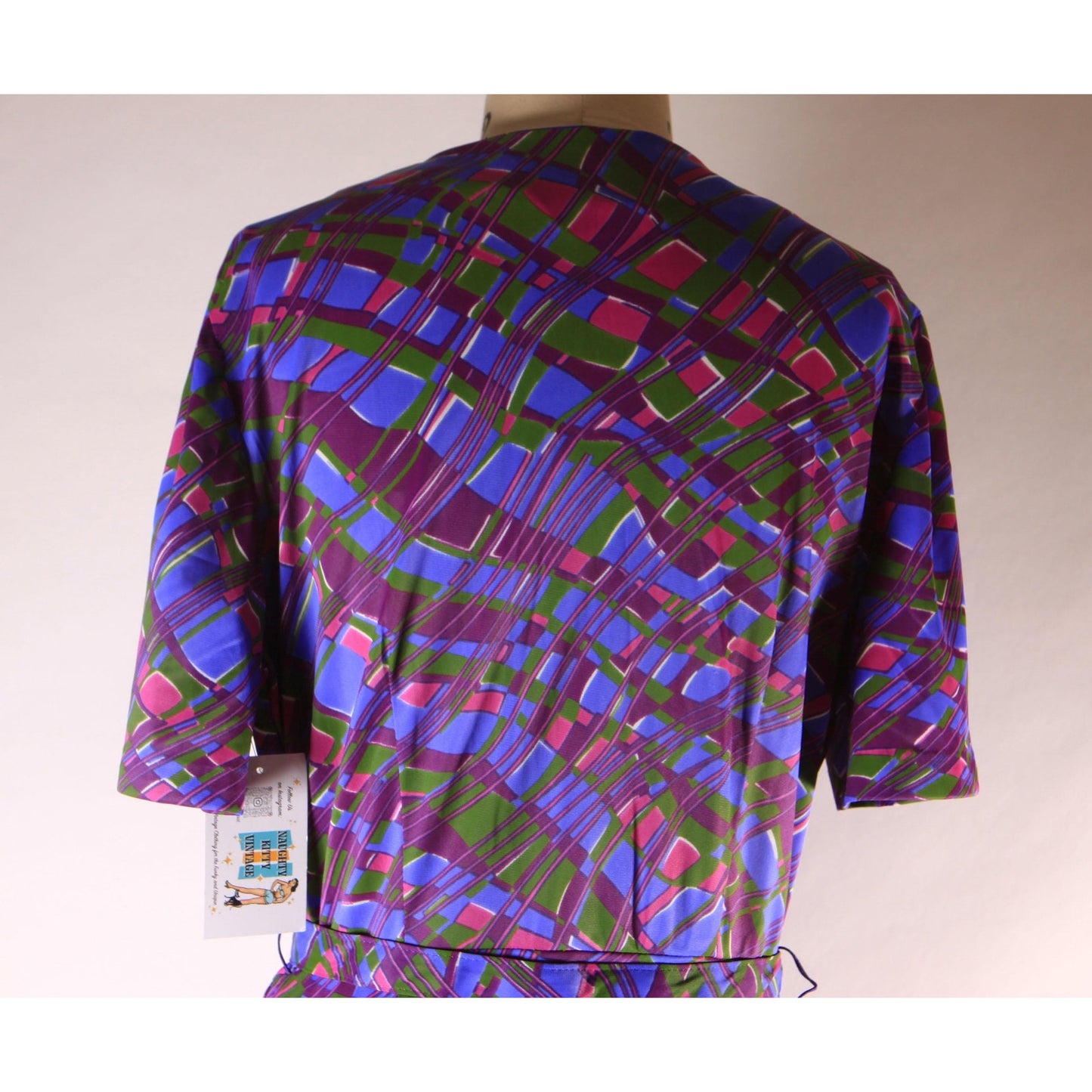 1960s Purple, Pink and Green Abstract Plaid Psychedelic Short Sleeve Belted Dress by Casualmaker -L