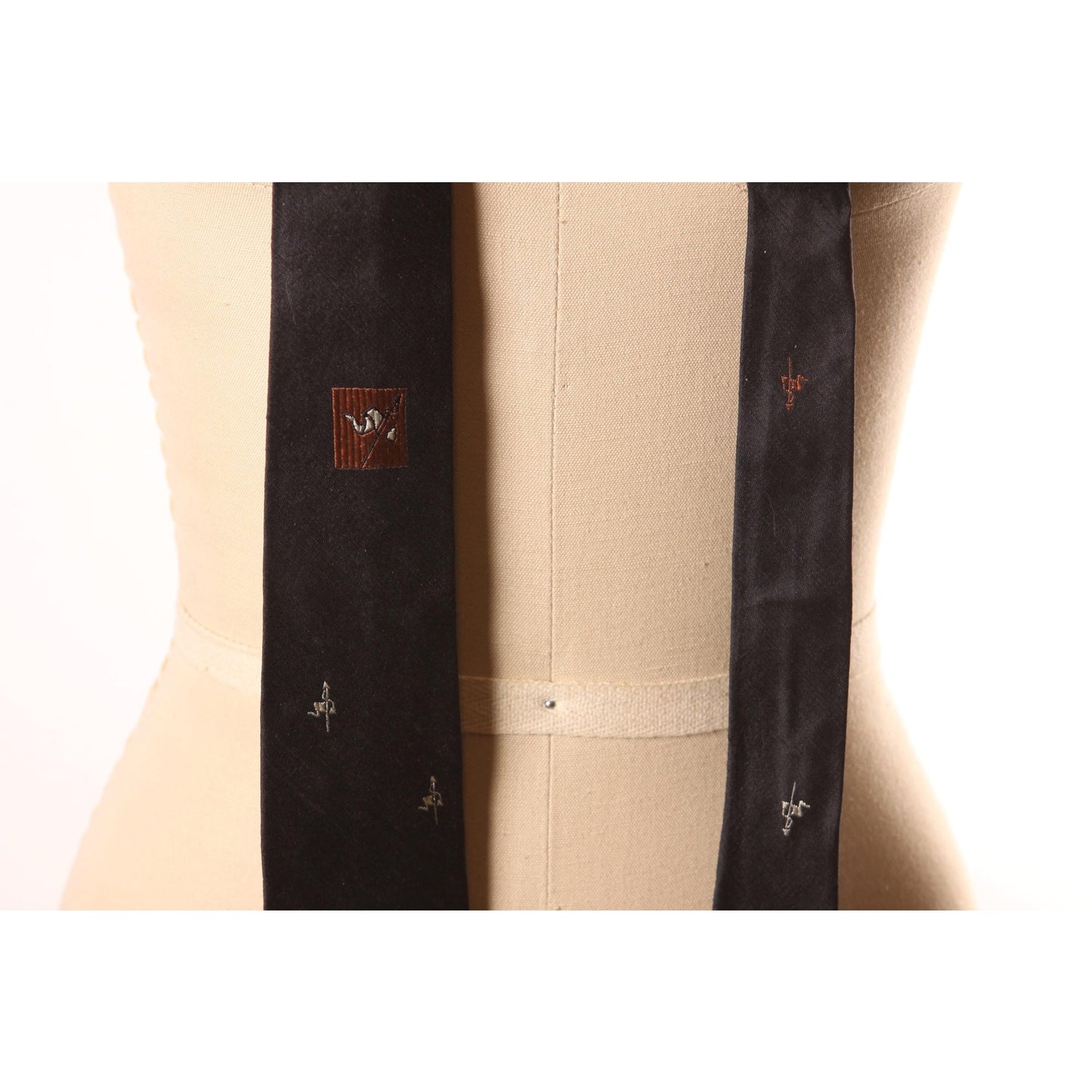 1950s Black and Brown Banner Flag Embroidered Necktie Tie by Baxter & Henning