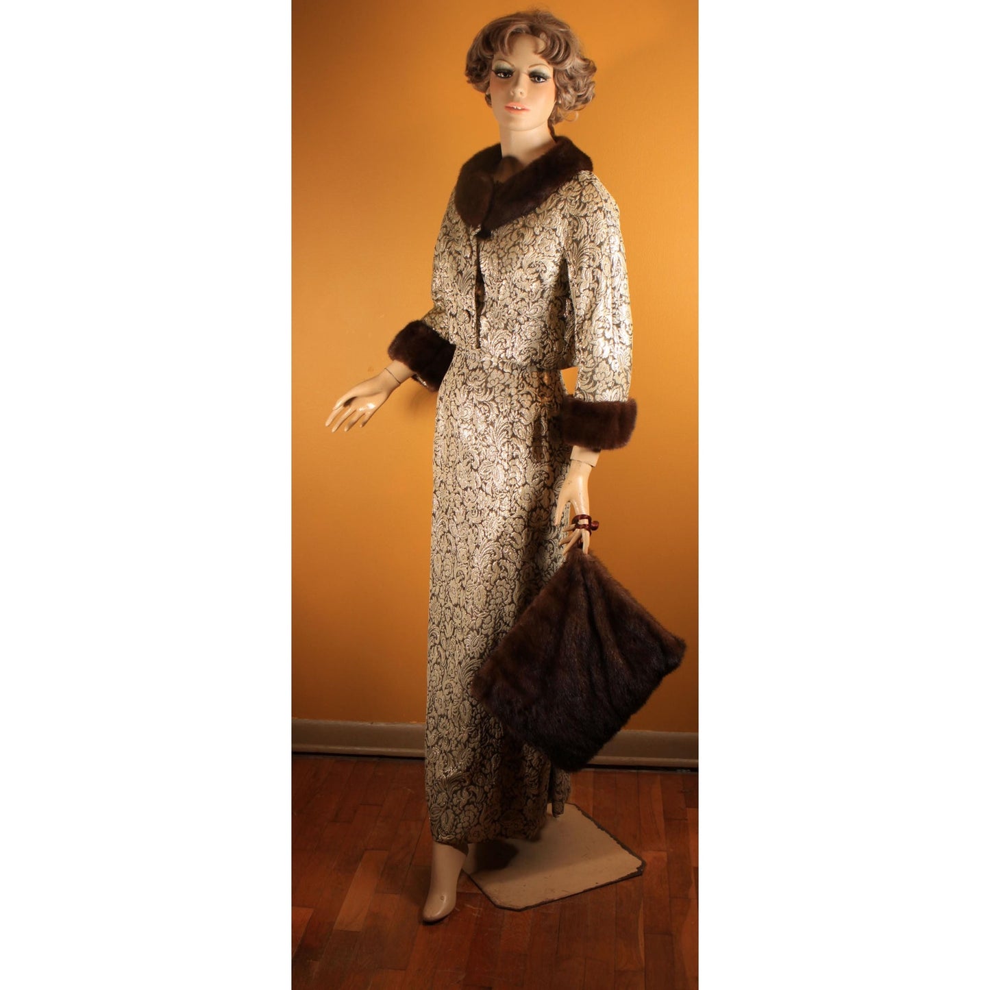 Early 1950s Gold & Brown Lurex Floral Mink Fur Trim Sleeveless Cocktail Dress with Matching Cropped Jacket and Muff by Terry Allen Original
