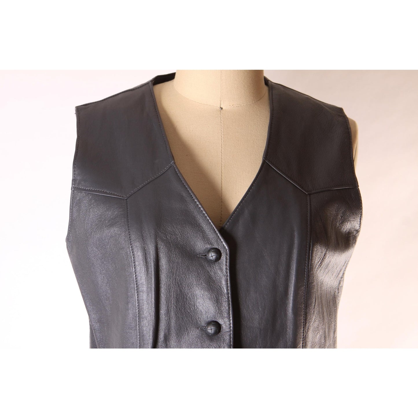 1970s Dark Gray Leather Button Down Pocketed Western Vest by Trego's Westwear Inc. -S-M