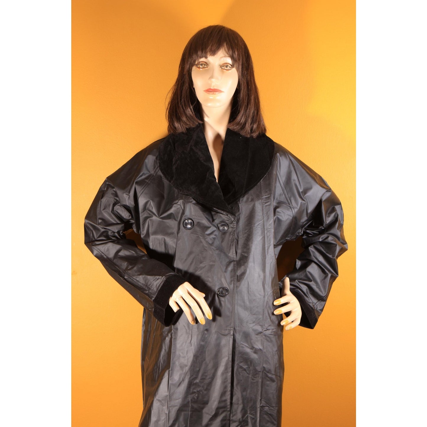 1980s Black Vinyl Velvet Trim Button Down Raincoat -XL