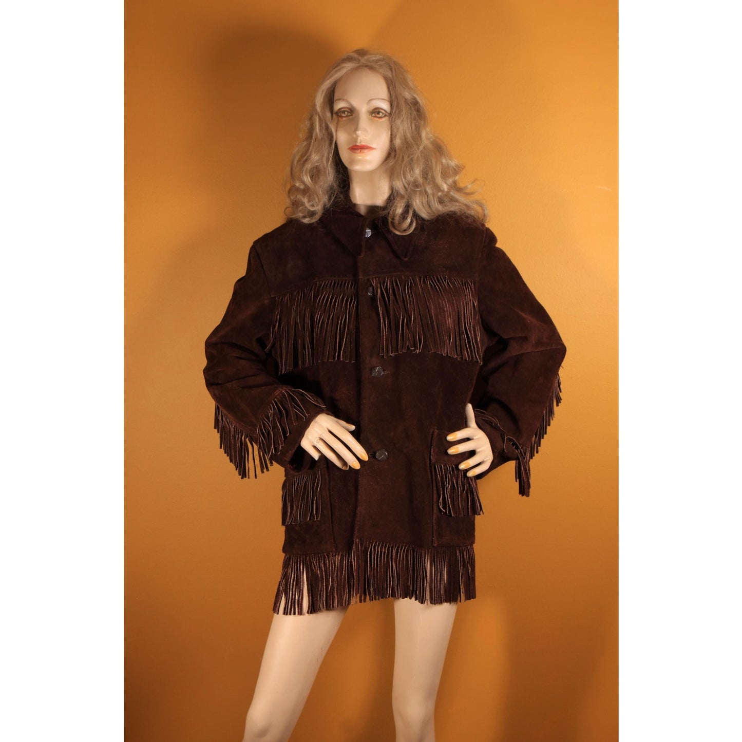1970s Dark Brown Long Sleeve Fringe Western Suede Leather Mens Coat by Rice Sports Wear -M-L