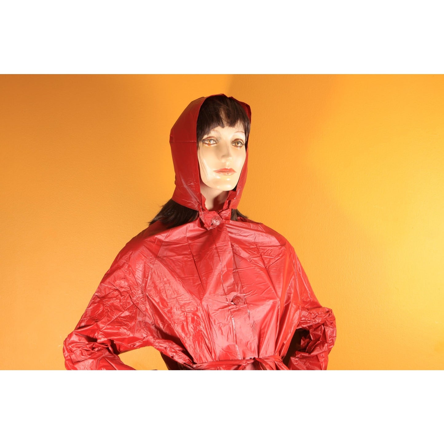 Deadstock Late 1970s Early 1980s Dark Red Vinyl Detachable Hood Raincoat by Aqua Queen