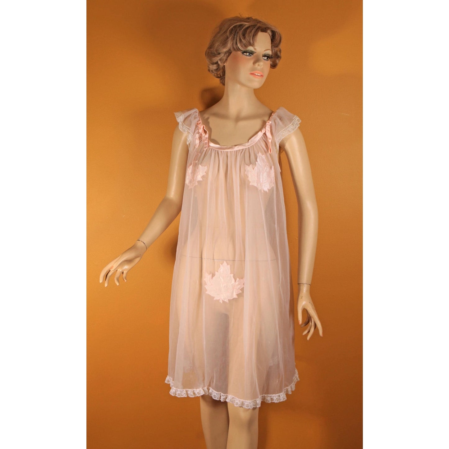 1950s Sheer Illusion Pink Fig Leaf Risque Pin Up Eves Leaves Babydoll Peignoir Night Gown by Chevette