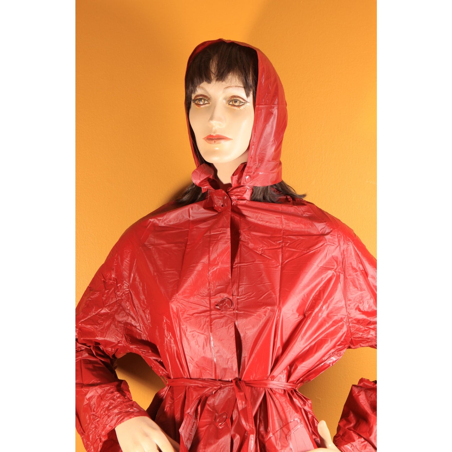 Deadstock Late 1970s Early 1980s Dark Red Vinyl Detachable Hood Raincoat by Aqua Queen