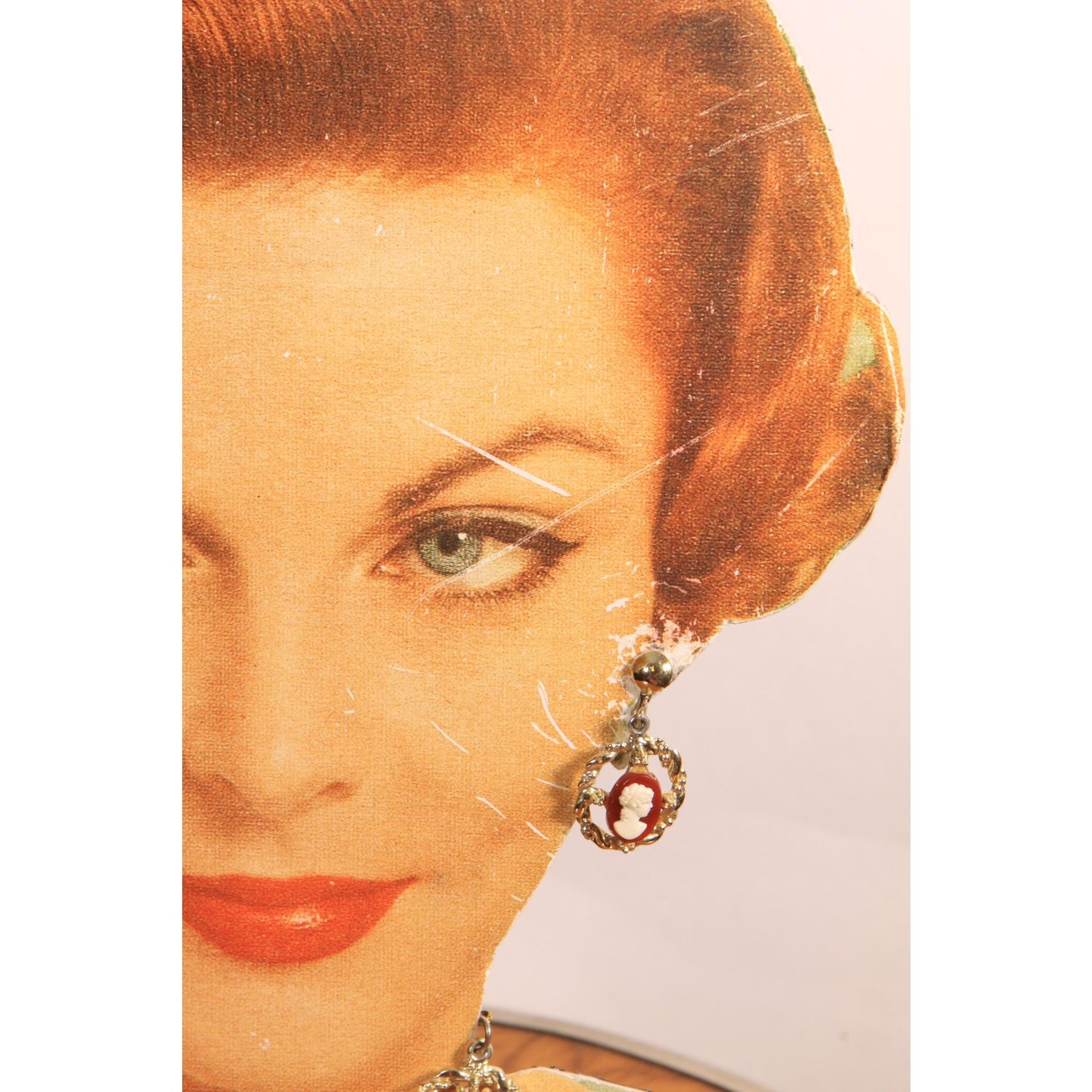 1950s Gold Tone Metal Cameo Screw Back Earrings with Matching Necklace Pendant
