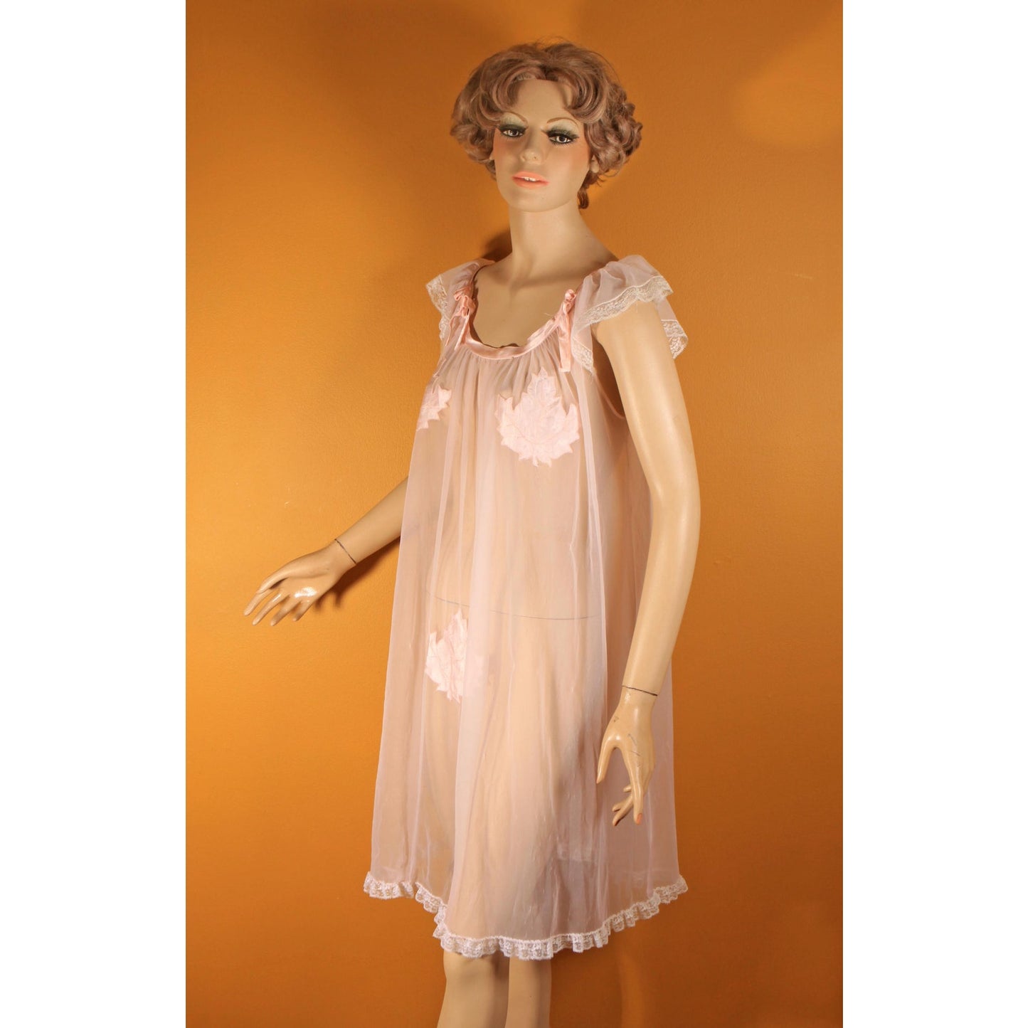 1950s Sheer Illusion Pink Fig Leaf Risque Pin Up Eves Leaves Babydoll Peignoir Night Gown by Chevette