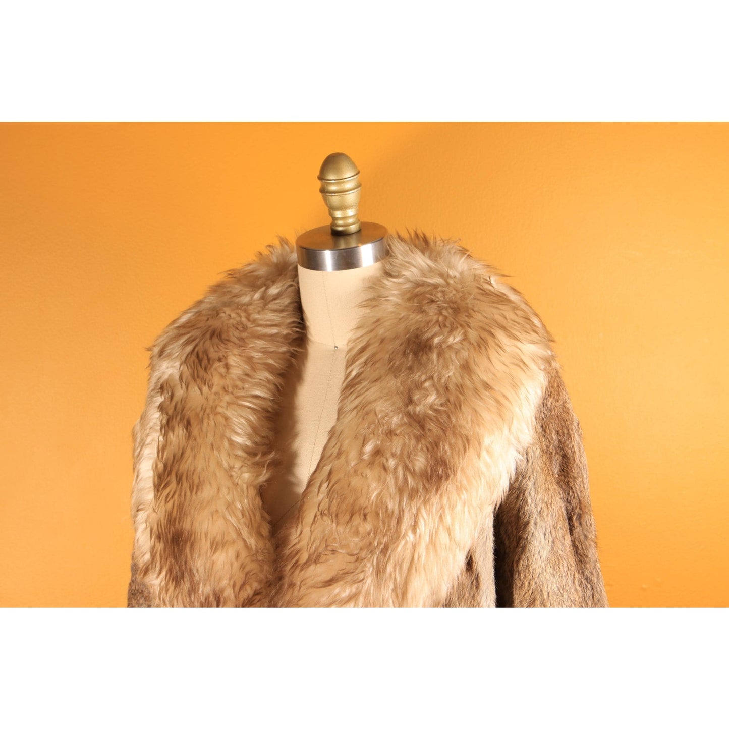 1970s Brown and Gray Rabbit Fur and Shearling Trim Collar Coat by Montgomery Ward -M-L