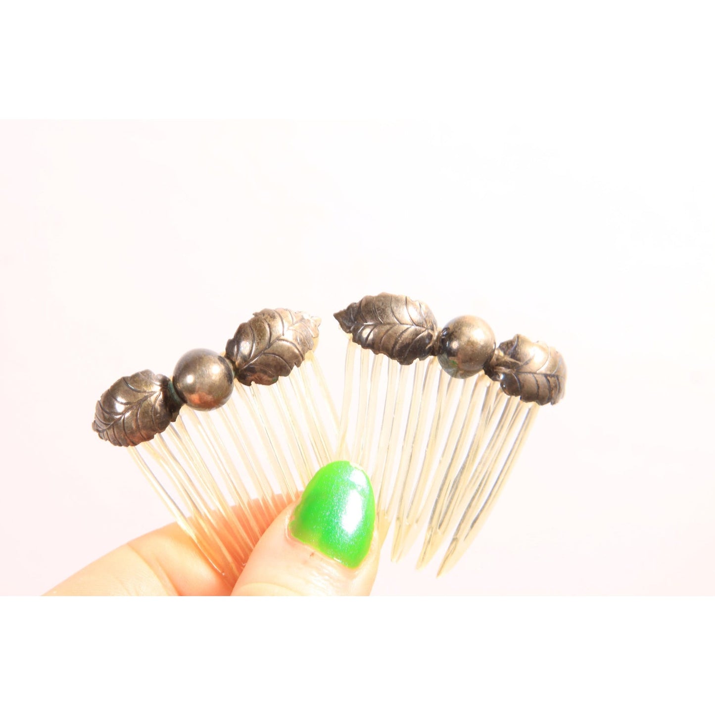 1920s 1930s Silver Leaf Metal and Plastic Set of 2 Hair Combs