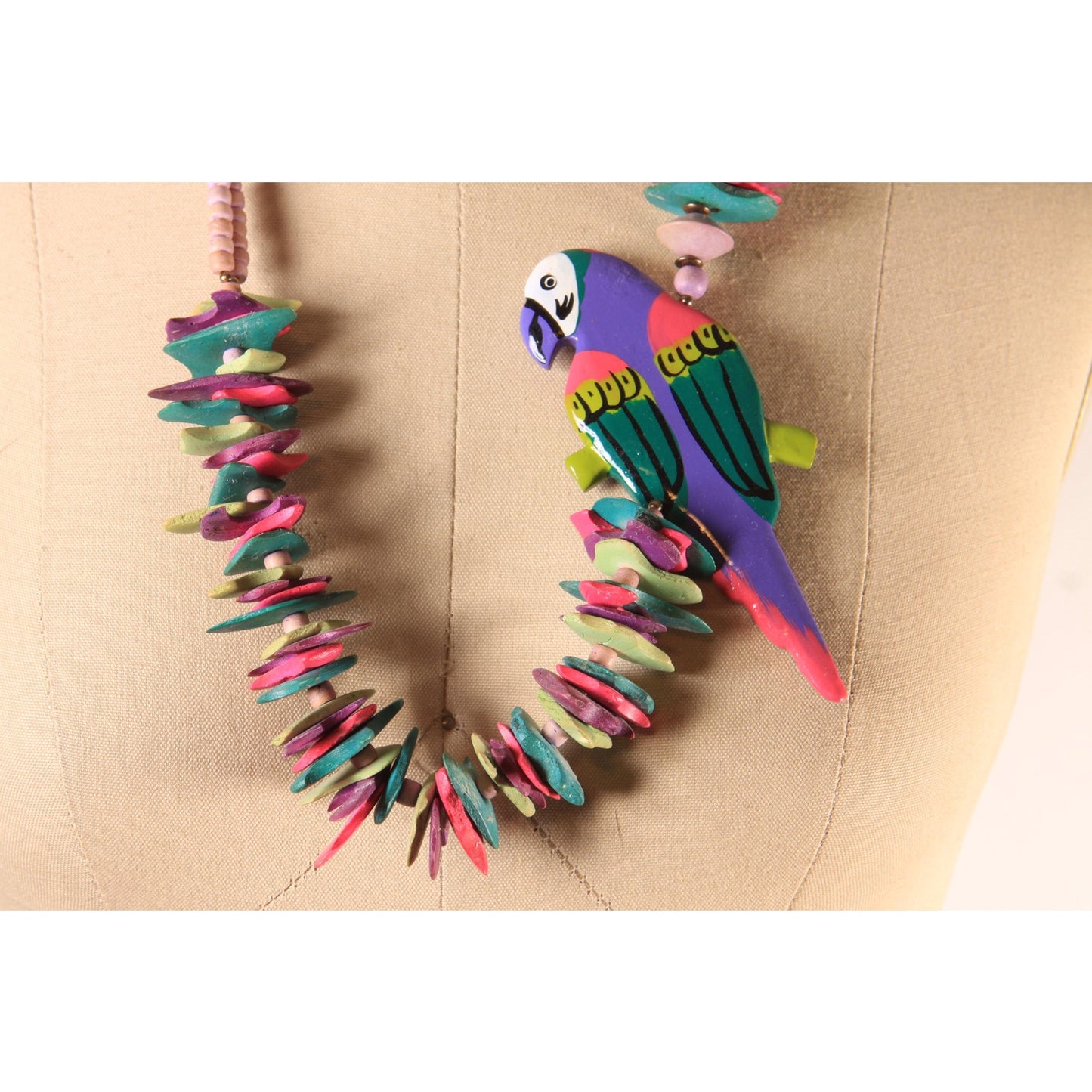 1980s Novelty Multi-Colored Wood Carved Beaded Parrot Necklace