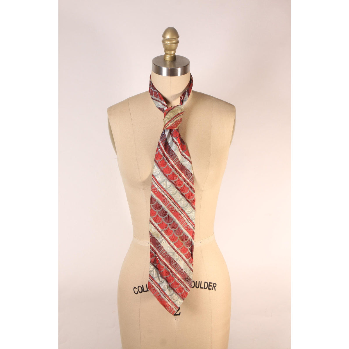 1970s Red, Gray and White Silk Striped Patterned Wide Necktie Tie