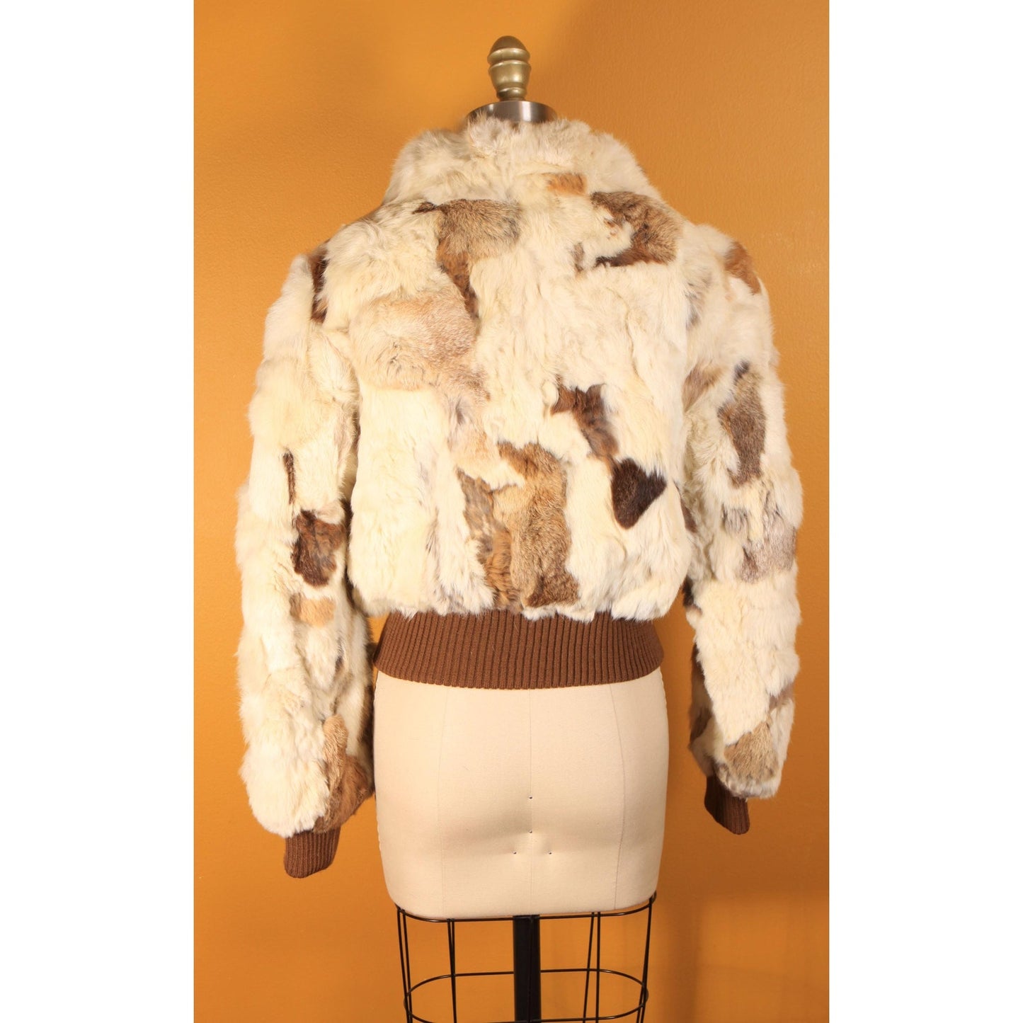 1970s White, Cream, Gray and Brown Multi-Colored Patchwork Rabbit Fur Cropped Coat -S