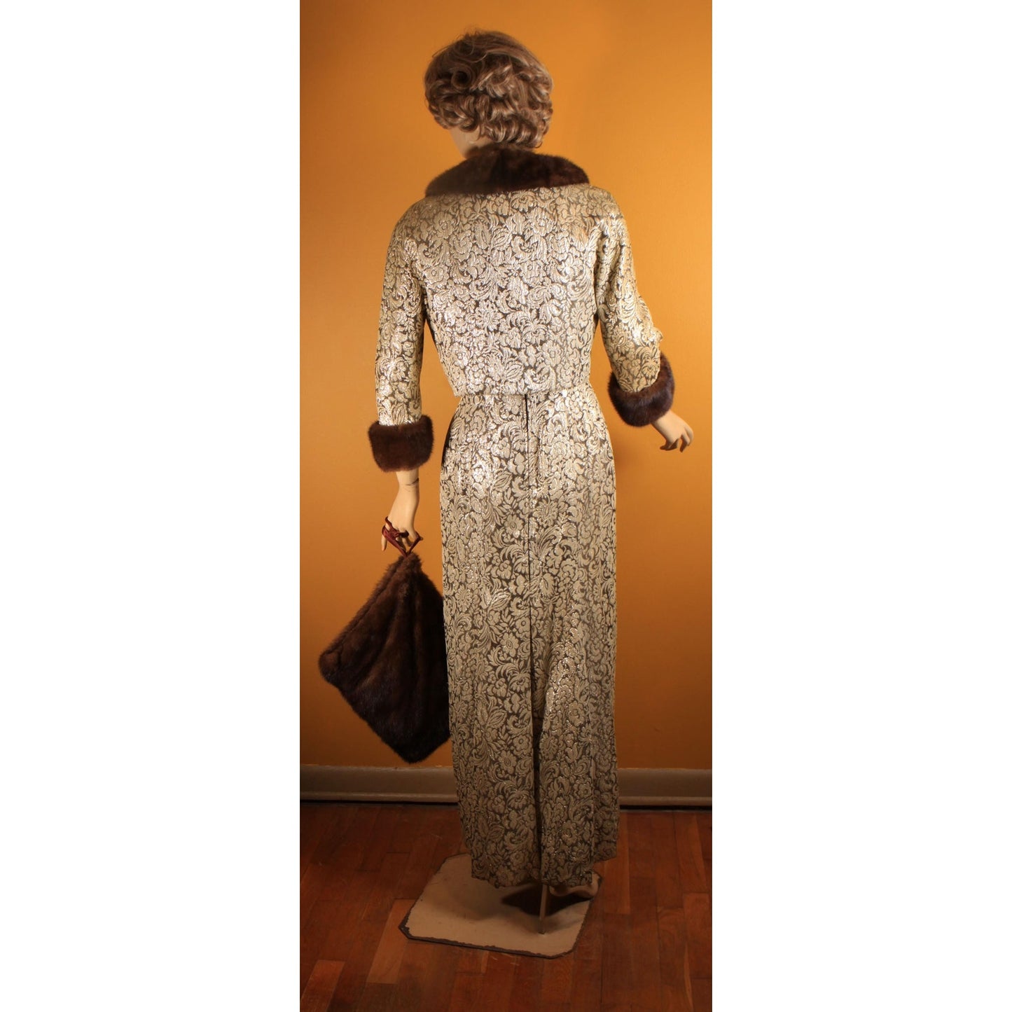 Early 1950s Gold & Brown Lurex Floral Mink Fur Trim Sleeveless Cocktail Dress with Matching Cropped Jacket and Muff by Terry Allen Original