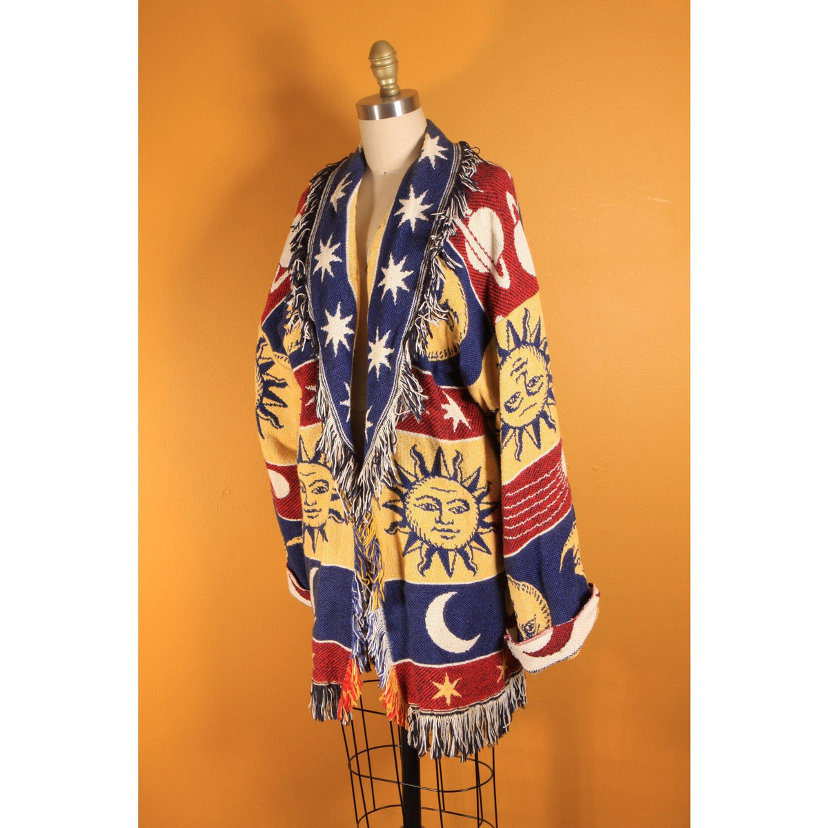 1990s Navy Blue, Yellow, Red and White Novelty Celestial Sun, Moon and Stars Fringe Tapestry Quilt Blanket Jacket Coat -M-XL