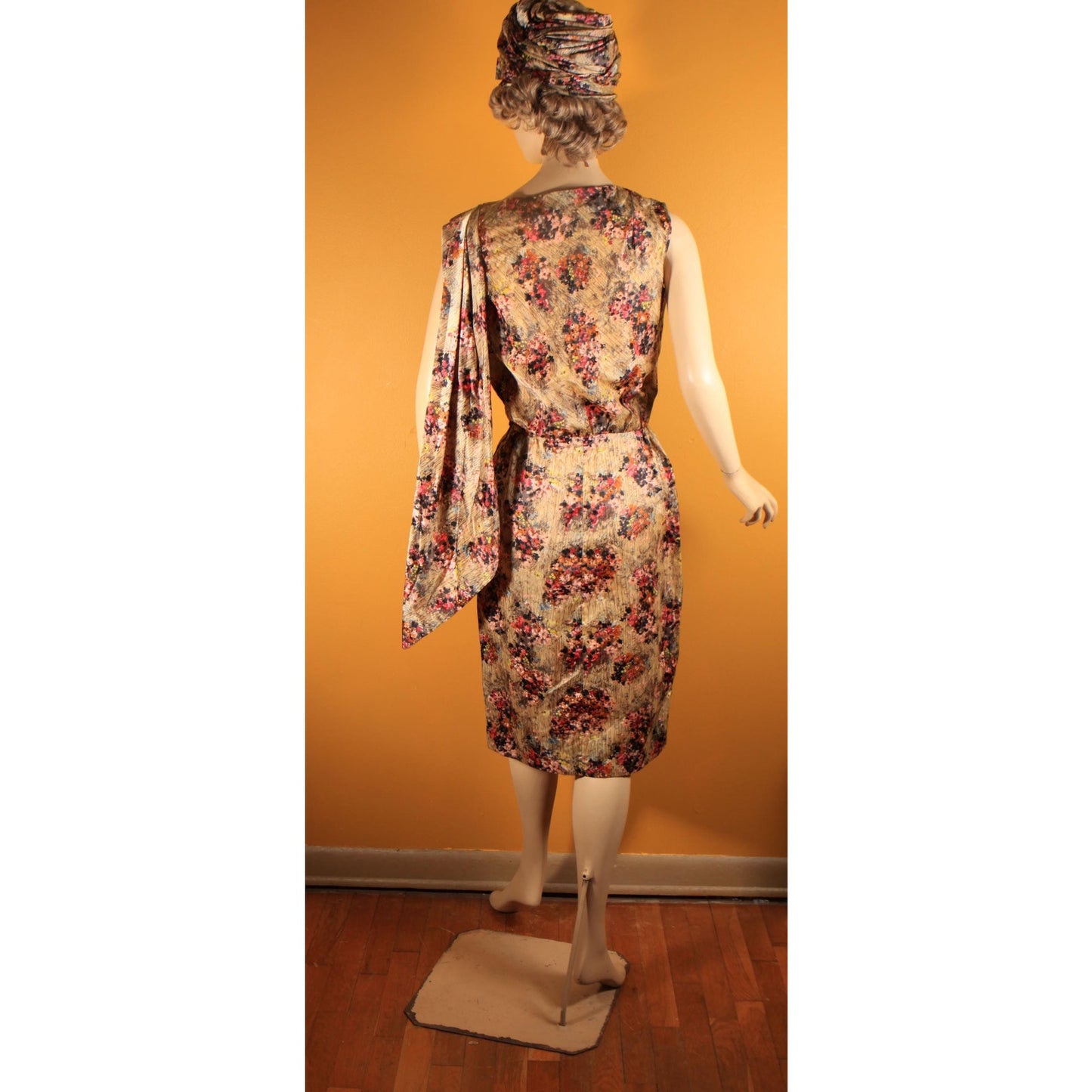 1950s Gray and Purple Floral Waterfall Sash Wiggle Dress with Matching Jacket and Hat Three Piece Outfit by Letizia Fuhr -S