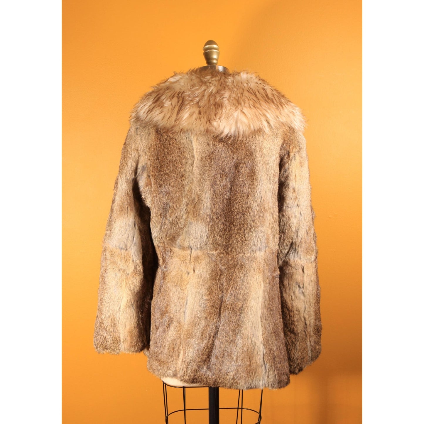 1970s Brown and Gray Rabbit Fur and Shearling Trim Collar Coat by Montgomery Ward -M-L