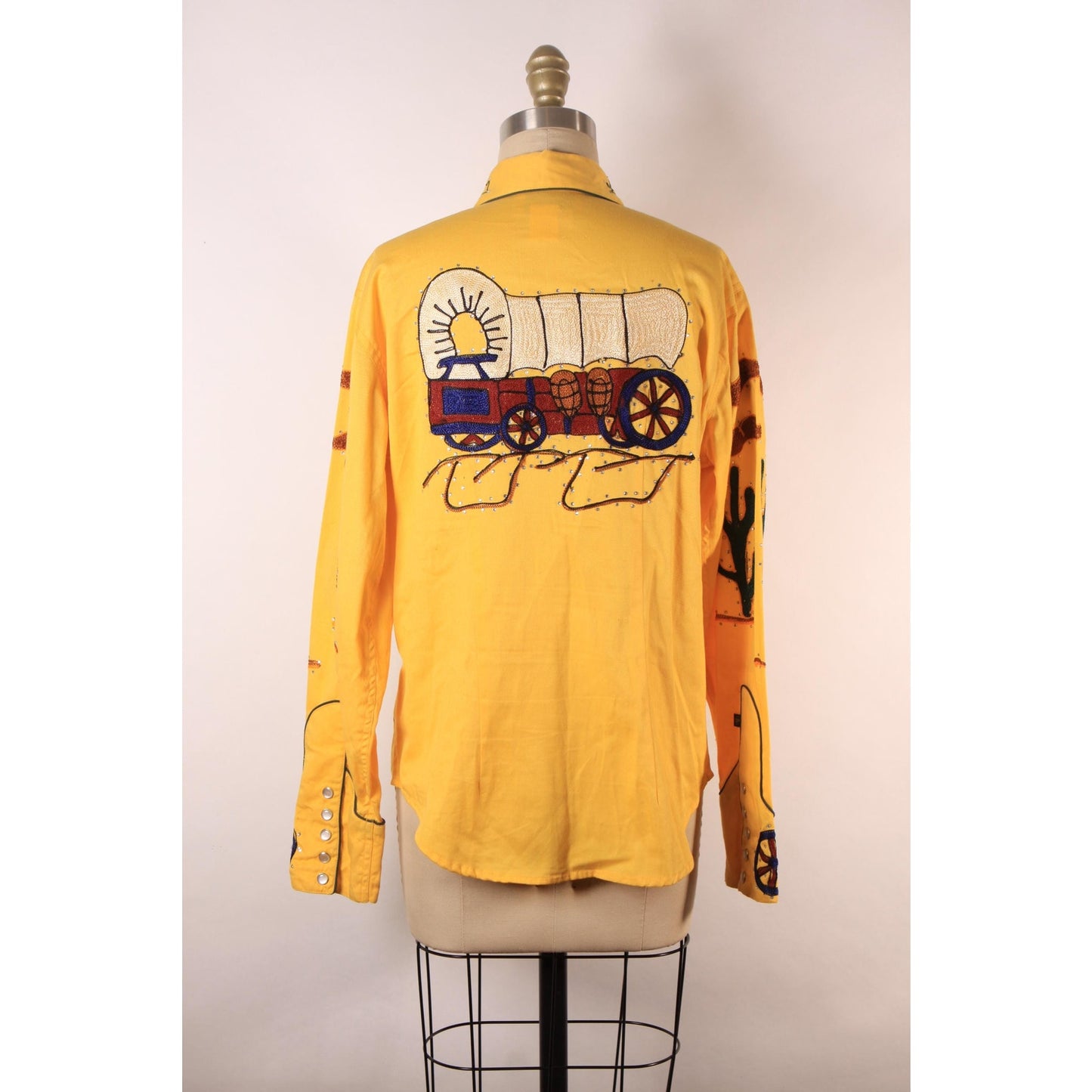 Reproduction Modern Vintage Style Retro Western Porter Wagoner Novelty Cactus and Wagon Embroidered Pearl Snap Shirt by Rockmount Ranch Wear